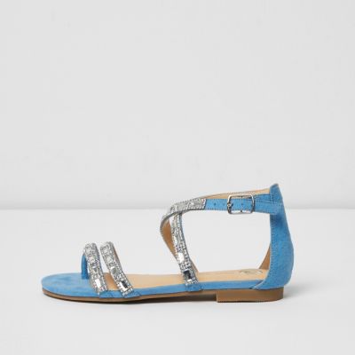 Girls blue diamante strappy sandals